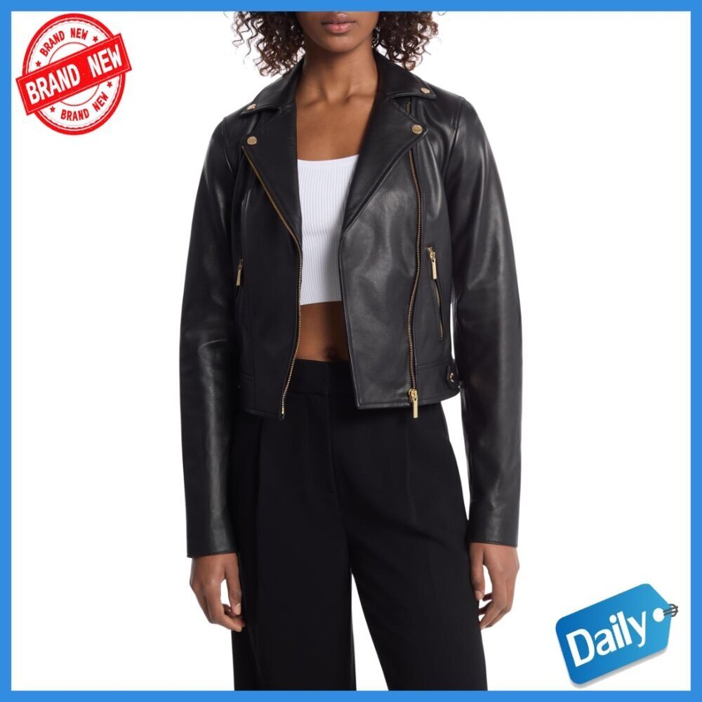 Leather Moto Jacket Cropped Hem Multiple Pockets Zipper Closure